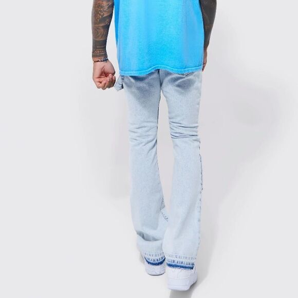 BOOHOO MAN SLIM RIGID FLARE PANEL DISTRESSED JEANS LIGHT BLUE 28L NWT - Picture 2 of 7